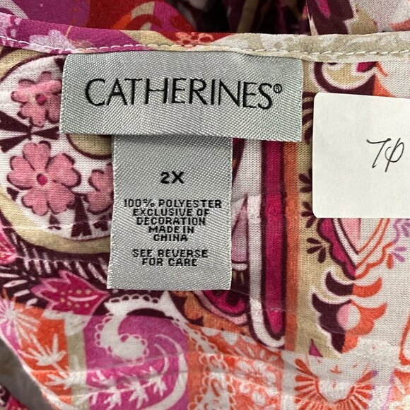 Catherines Tunic Top 2X Paisley Patchwork‎ Bell Sleeve Tie Neck Boho TP-2324 - Picture 8 of 9